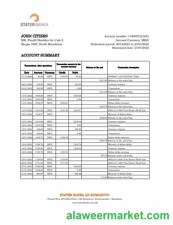 North Macedonia Stater Banka bank statement Excel and PDF template